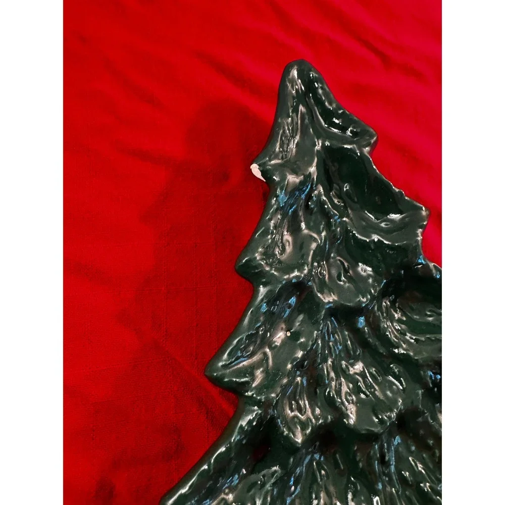 Vintage Ceramic Christmas Tree Serving Platter Green Holiday Dish Holly Base